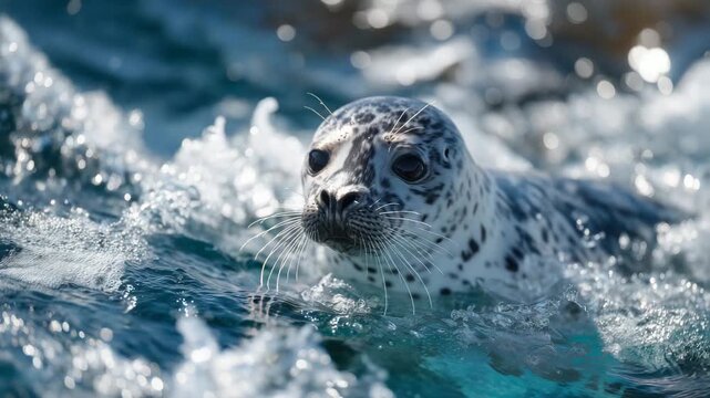 48Playful harbor seal pup surfacing, water droplets sparkling around its whiskered face, turquoise water with soft sunlight reflections