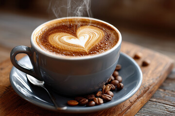 Steaming Grey Cup of Coffee with Heart Latte Art