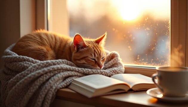 Ginger cat sleeps on soft blanket by window with steaming coffee cup and open book. Warm sunlight fills cozy room, creating peaceful morning ambience. Domestic pet relaxes by window pane.
