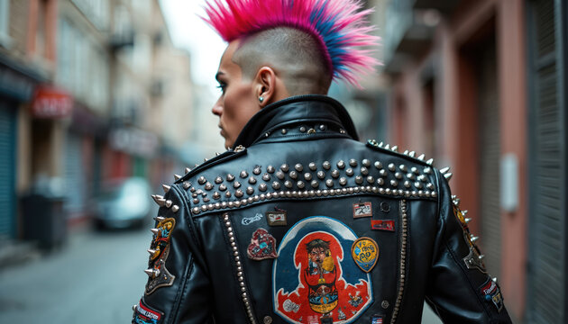 Individual with vibrant pink blue mohawk walks city street. Black leather jacket covered in metal studs, custom patches. Person shows bold rebel punk rock fashion, unique youth culture style.