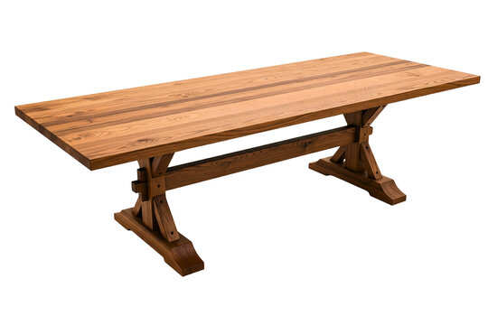 Rectangular solid wood dining table with rustic trestle base on isolated background