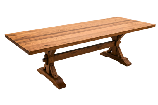 Rectangular solid wood dining table with rustic trestle base on isolated background