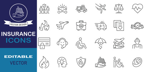 Insurance thin line icon set. Insurance 24 outline icons collection. Policy, life, medical, car, home, money and more concept. Editable stroke. Vector illustration.