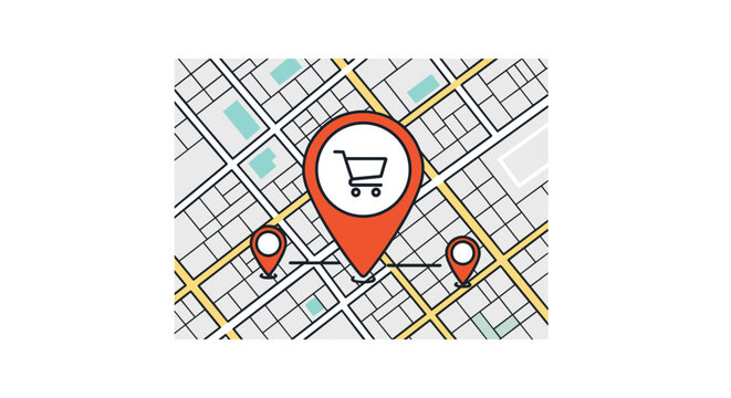 Store locator icon showing a shopping cart pin on a city map, indicating the location of a retail shop for navigation.
