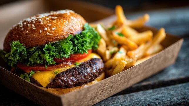 Delicious beef burger and fries fast food meal