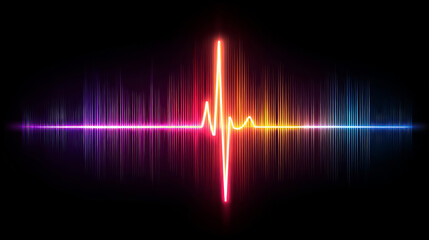 Neon equalizer bars forming a human heartbeat pattern, concept of life through sound