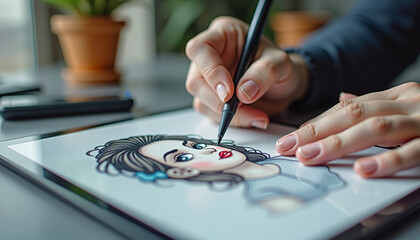 Talented artist creating a digital illustration of a girl on a tablet with a focused expression
