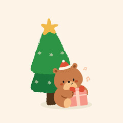Adorable Christmas Bear with Gift and Tree Illustration