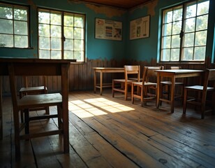 Old school classroom interior photo. Wooden tables and chairs stand near windows. Sunlight streams through. Classic education environment with no people.