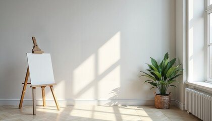 Empty artist's studio with a blank canvas on an easel and a potted plant in natural light