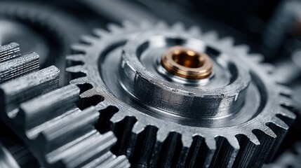 Close-up of interlocking metal gears a symbol of teamwork and engineering representing precision and mechani