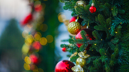 Christmas tree decorations with golden and red ornaments