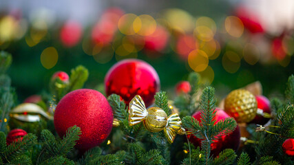 Christmas tree decorations with golden and red ornaments