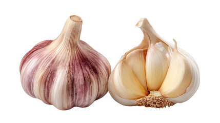 Two piles of garlic bulbs side by side, one whole and one sliced, on transparent background