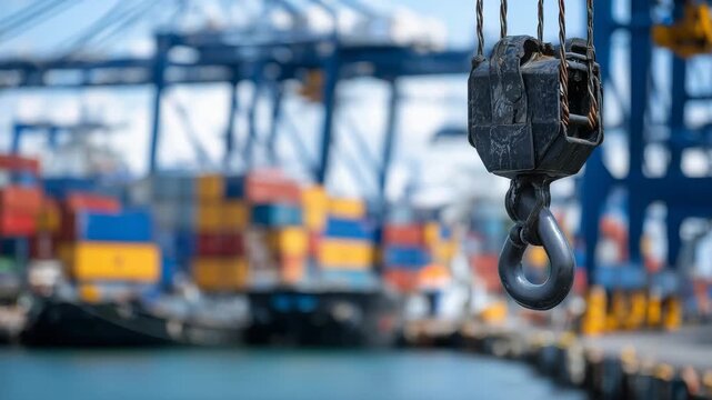 56Macro view of a crane hook with steel texture, colorful containers blurred behind, sunlight reflecting off metal surfaces in a bustling daytime port