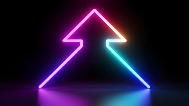 Vibrant neon arrow sign glowing with gradient pink, purple, orange, and blue light on a dark reflective surface