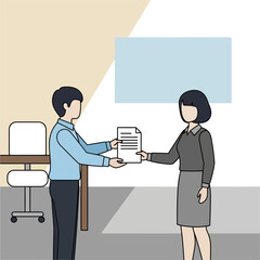 Professional colleagues exchanging documents in an office setting.