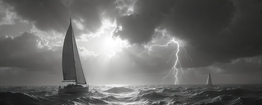 Dramatic photo of sailboat sailing at sea during storm in black and white. Lightning strikes over ocean, waves. Yacht at seascape under dark sky - Powered by Adobe