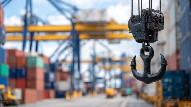 60Macro view of a crane hook with steel texture, colorful containers blurred behind, sunlight reflecting off metal surfaces in a bustling daytime port