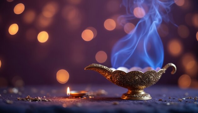 Ornate golden lamp releases magical blue smoke. Small candle glows with warm light against festive bokeh background. Traditional object for Hindu festival Diwali religious celebration spiritual