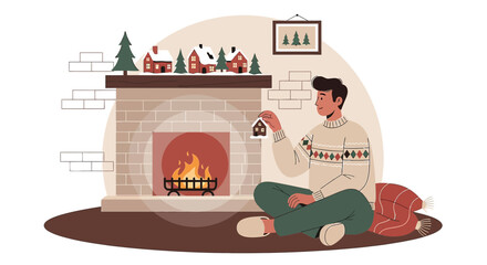 Cozy evening by the fireplace with festive decorations and holiday anticipation at home