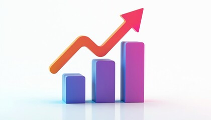 3d bar graph with ascending arrow on clean white background. Financial chart shows business growth sales increase, success. Diagram market progress profit investment return, economic upturn