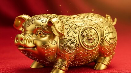 Fototapeta premium Golden Pig Statue with Dragon and Cloud Pattern