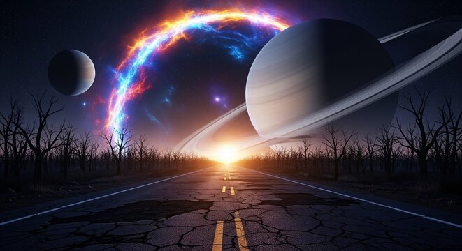A desolate, cracked road leads towards a cosmic sunrise with giant ringed planets and a glowing nebula in the sky.