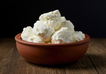 Creamy, white artisan cheese curds displayed in a rustic bowl on a wooden surface, highlighting the fresh milky texture and preparation ,ricotta ,curd ,snack