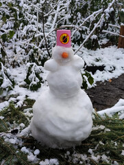 The snowman stands on spruce branches against the backdrop of bushes covered with the first snow.