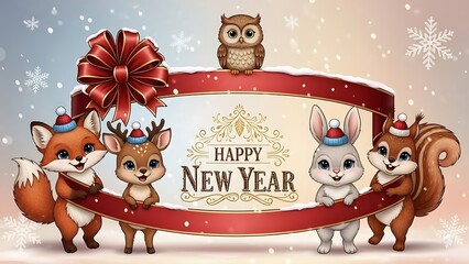 Cute cartoon animals celebrating new year with a festive banner and snowflakes