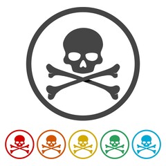 Crossbones and skull death flat icon. Set icons in color circle buttons