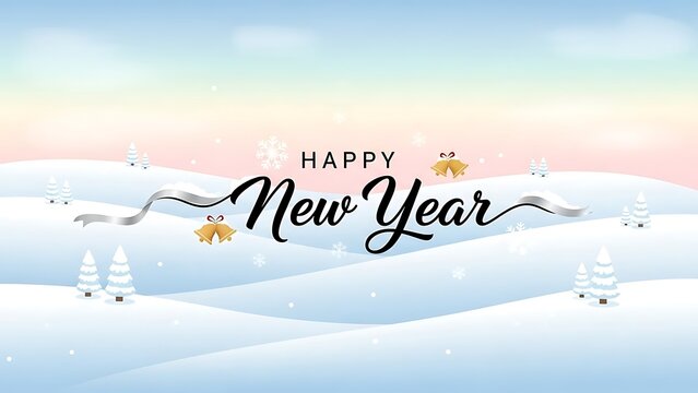 Happy new year greeting card with snowy winter landscape and festive elements - Powered by Adobe
