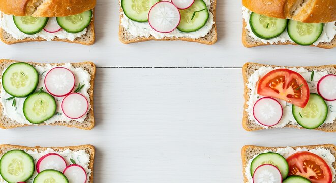 Overhead shot of six open-faced sandwiches with cucumber, radish, & tomato on white wood
