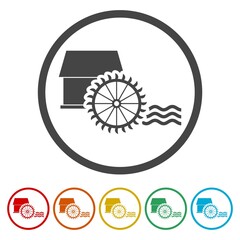 Water mill icon. Set icons in color circle buttons