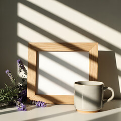 Cozy morning scene with blank photo frame and coffee cup bathed in sunlight