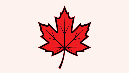 Stylized red maple leaf with a prominent black outline on a plain off-white background.