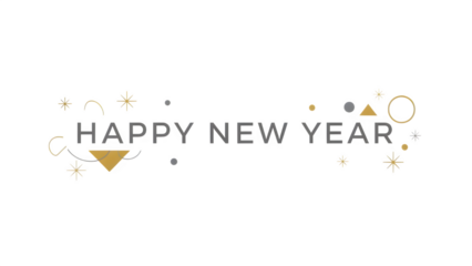 Happy new year text with geometric shapes isolated on transparent background