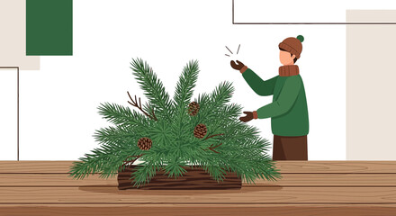 Cozy winter preparation scene featuring a man decorating a Christmas tree arrangement indoors