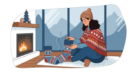 Cozy winter scene: a woman prepares christmas stockings by the fireplace looking the snowy