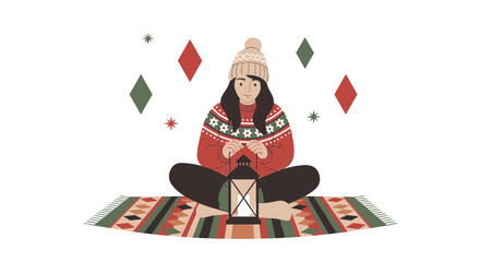 Cozy winter scene: girl with sweater and hat sitting on a rug holding a lantern