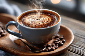 Steaming cup of coffee with latte art on wooden tray, cozy morning vibes