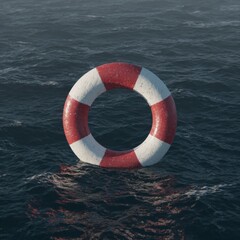 Naklejka premium Red and white lifebuoy floating on dark ocean waves
