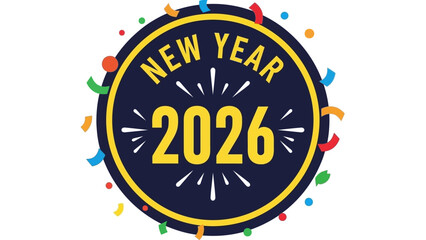 New Year 2026 celebration design with confetti and a circular badge.