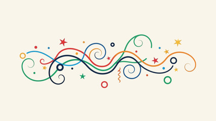 A whimsical and colorful abstract swirl design with stars and dots on a cream background, evoking a sense of celebration and festivity.