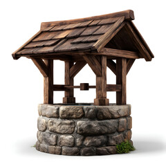 Classic rustic stone and timber wishing well with wooden roof