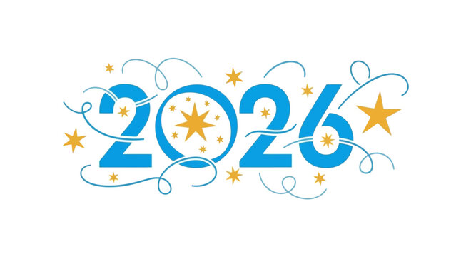 Decorative blue 2026 text with golden stars and elegant swirls on a white background, symbolizing new year or future celebration.