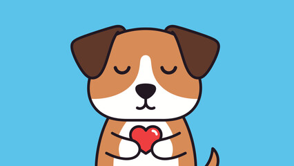 A cute cartoon dog with closed eyes holding a red heart, expressing love and affection.