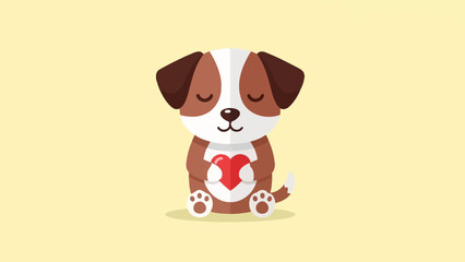 Cute cartoon dog holding a red heart, sitting on a yellow background.