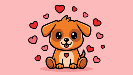 An adorable cartoon puppy sits happily, surrounded by floating love hearts on a pink background.